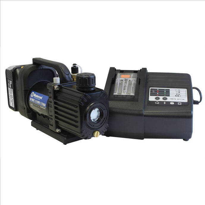 Mastercool 18 VOLT CORDLESS; 1.5 CFM; 2 STAGE VACUUM PUMP; 5 AMP BATTERY