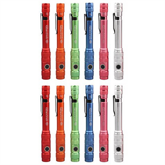 Maxxeon WorkStar Rechargable LED Zoom Penlight/Inspection Light USB-C Mixed Display of Red; Orange; Green; Blue; Pink and Silver - Pack of 12