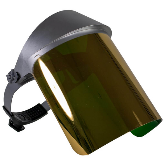 Oberon Face Shield with Ratcheting Headgear - Heat Reflective - Window: Dark Green Gold Anti-Fog