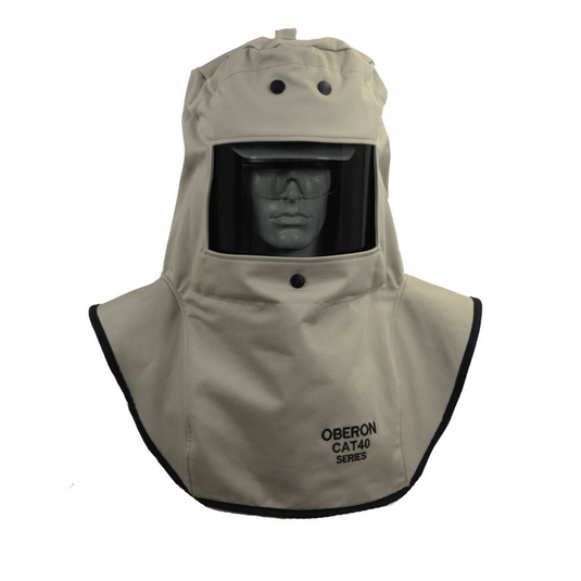 Oberon Hood with A1 Hard Hat Adapters - Arc Flash - 40 Cal CAT&trade; - Color: Khaki - Window: True Color Grey (TCG&trade;)
