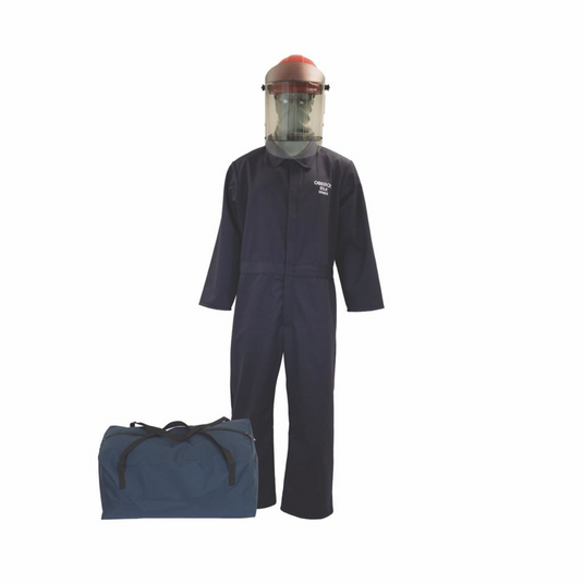 Oberon Bag Kit - Arc Flash - 8 Cal HRC2&trade; - Comes With Coveralls; Canadian Hard Cap; Face Shield; Balaclava & Storage Bucket - Color: Navy Blue - Size: Large