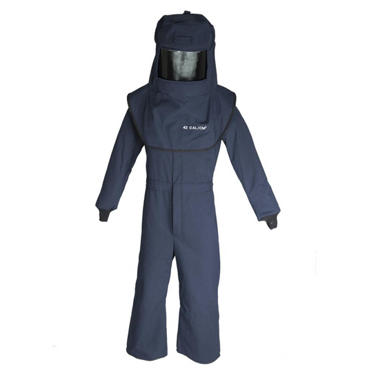 Oberon Suit Kit - Arc Flash - 40 Cal LAN&trade; - Comes with Hood with Hard Cap; Coveralls and Fresh Air Arc Flash Hood Ventilation System - Color: Navy Blue - Size: 5XL