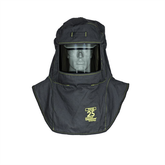 Oberon Hood with A1 Hard Hat Adapters - Arc Flash - 25 Cal TCG&trade; - Color: Black - Window: True Color Grey (TCG&trade;)