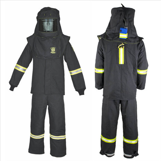 Oberon Suit Kit - Arc Flash - 100 Cal TCG&trade;  - Comes with Hood; Coat; Bib Coveralls and  Fresh Air Arc Flash Hood Ventilation System & Light - With Escape Strap - With Leg Zippers - Color: Black - Size: Small
