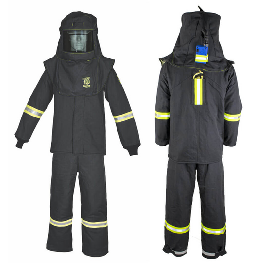 Oberon Suit Kit - Arc Flash - 100 Cal TCG&trade;  - Comes with Hood; Coat; Bib Coveralls and  Fresh Air Arc Flash Hood Ventilation System & Light - With Escape Strap - With Leg Zippers - Color: Black - Size: XL Tall