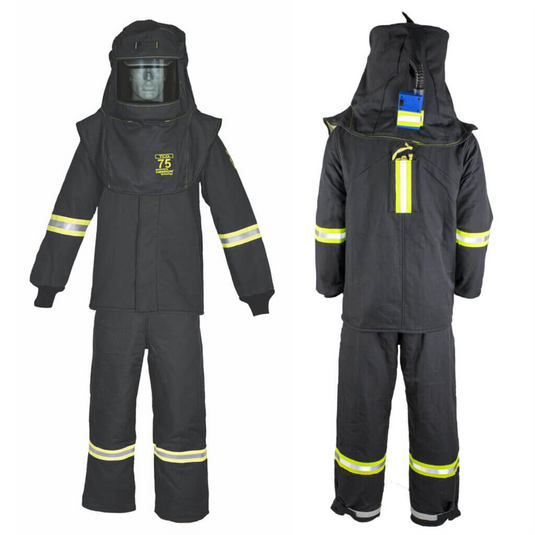 Oberon Suit Kit - Arc Flash - 75 Cal TCG&trade; - Comes with Hood; Coat; Bib Coveralls and Fresh Air Arc Flash Hood Ventilation System & Light - With EZ Lift - With Escape Strap - Color: Black - Size: Large