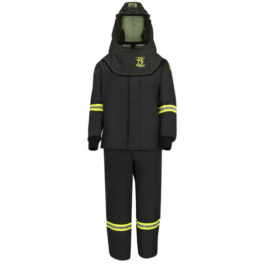 Oberon Suit Kit - Arc Flash - 75 Cal TCG&trade; - Comes with Hood; Coat; Bib Coveralls and Fresh Air Arc Flash Hood Ventilation System & Light - With EZ Lift - Color: Black - Size: Large