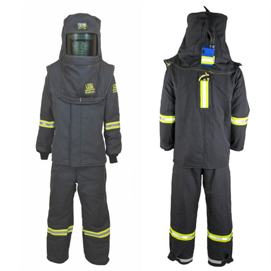 Oberon Suit Kit - Arc Flash - 140 Cal TCG&trade; - Comes with Hood; Coat; Bib Coveralls and Fresh Air Arc Flash Hood Ventilation System & Light - With Escape Strap - Color: Black - Size: Large