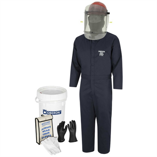 Oberon OBERON&trade;- 8 Cal HRC2&trade; Electric Vehicle Arc Flash & Shock Kit: TCG Arc Flash Face Shield w/Hard Cap; Balaclava; Coverall with escape strap; Safety Glasses; Class 0 Glove Kit - Size 11; Earplugs & Storage Bucket - Size Extra Tall M