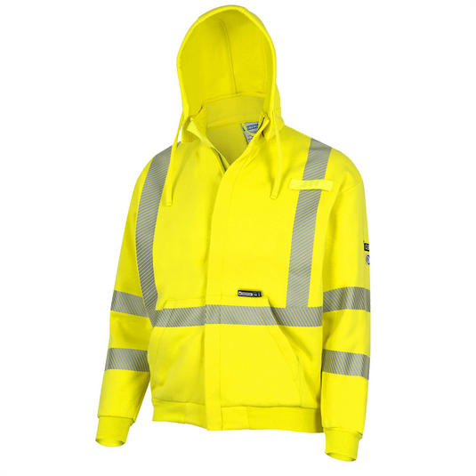 OBERON Hoodie - Hi-Vis 100% FR/Arc-Rated Heavyweight 12 oz Cotton Fleece - Zipper Closure - Detachable Hood - Hi-Vis Yellow - Size: L