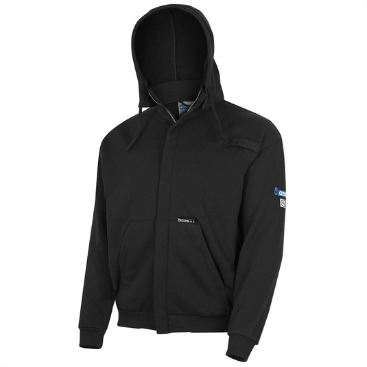 OBERON Hoodie - Hi-Vis 100% FR/Arc-Rated Heavyweight 12 oz Cotton Fleece - Zipper Closure - Detachable Hood - Black - Size: S