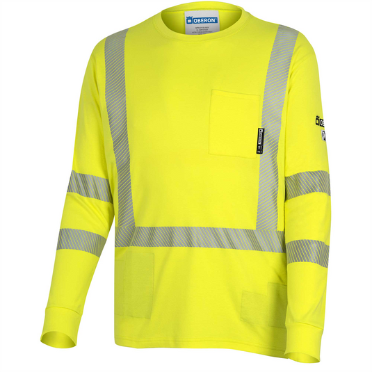 OBERON T-Shirt - Hi-Vis 100% FR/Arc-Rated 7 oz Cotton Interlock - Long Sleeves - 2"" Tape - Hi-Vis Yellow - Size: L