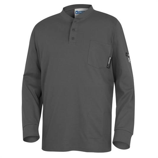 OBERON Henley Shirt - 100% FR/Arc-Rated 7 oz Cotton Interlock - Long Sleeves - Grey - Size: M