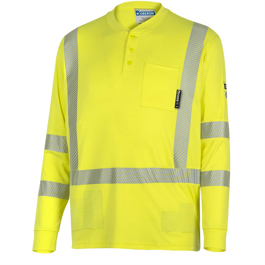 OBERON Henley Shirt - Hi-Vis 100% FR/Arc-Rated 7 oz Cotton Interlock - Long Sleeves - Hi-Vis Yellow - Size: 4XL