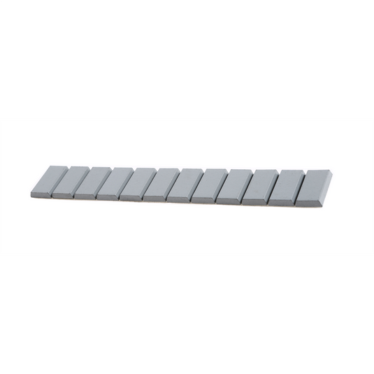 Plombco StickPro&trade; Steel Adhesive wheel weights. 0.5 oz segments grouped in 4 oz strips; 48 strips per box; standard adhesive