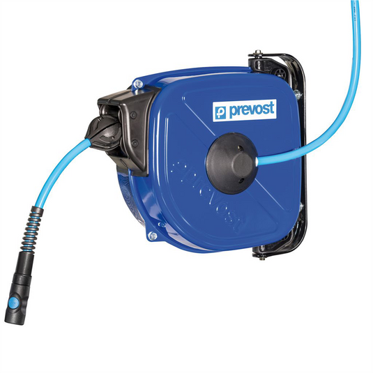 Prevost air hose reel with quick disconnect and inlet hose