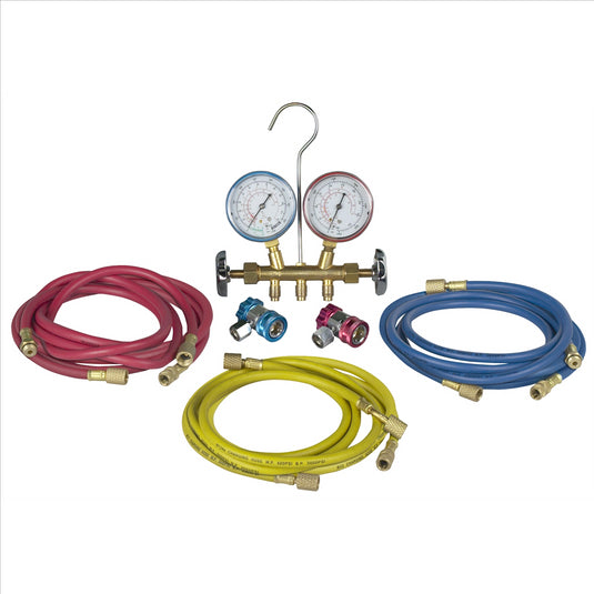 Robinair R12 & R134A brass manifold; hose set and service couplers