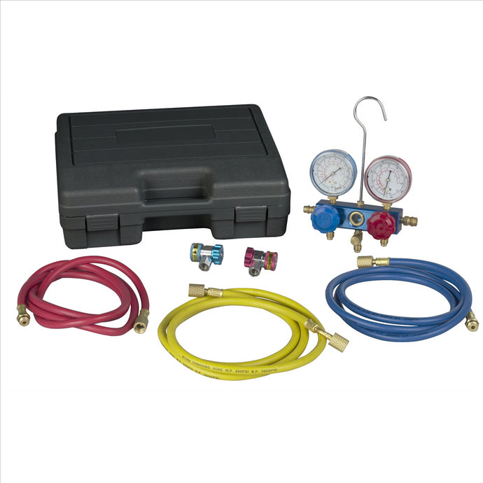 Robinair R134 aluminum manifold; hose set and service couplers