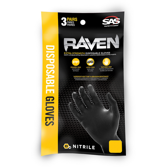 SAS Safety Clipstrip of Raven Black PF Extra-Strength Black Disp. Gloves; L (pk of 25)