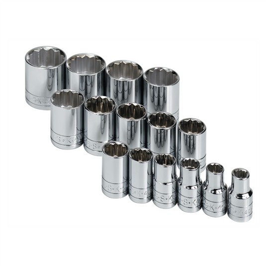 S K Hand Tools SOCKET SET 1/2IN. DRIVE 15PC SAE STD 12 POINT