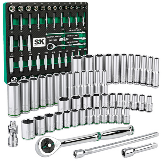 S K Hand Tools 1/4"" Drive; 52 Piece; 6 Point; Shallow & Deep; SAE & Metric Chrome Socket Set with 216P Ratchet; Packaged in EVA Foam Tray