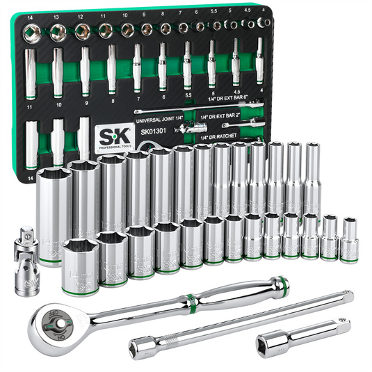 S K Hand Tools 1/4"" Drive; 30 Piece; 6 Point; Shallow & Deep; Metric Chrome Socket Set with 216P Ratchet; Packaged in EVA Foam Tray