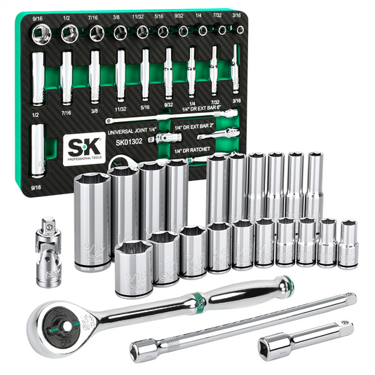 S K Hand Tools 1/4"" Drive; 30 Piece; 6 Point; Shallow & Deep; SAE Chrome Socket Set with 216P Ratchet; Packaged in EVA Foam Tray