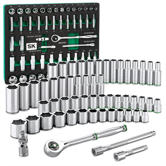 S K Hand Tools 3/8"" Drive; 56 Piece; 6 Point; Shallow & Deep; SAE & Metric Chrome Socket Set with 216P Ratchet; Packaged in EVA Foam Tray
