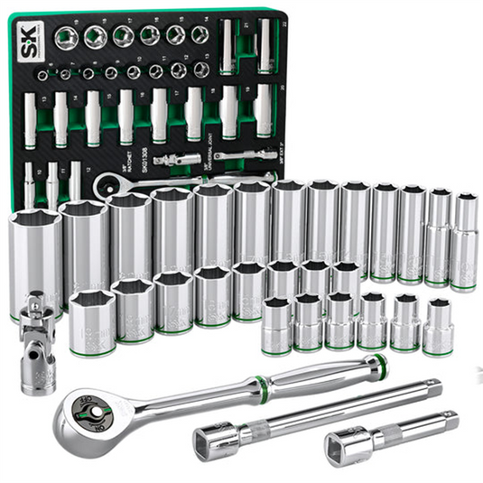 S K Hand Tools 3/8"" Drive; 31 Piece; 6 Point; Standard & Deep; Metric Chrome Socket Set with 216P Ratchet.  Packaged in EVA Foam Tray