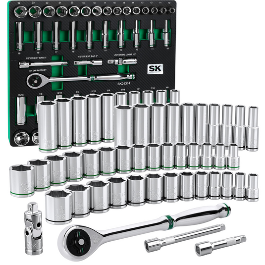 S K Hand Tools 1/2"" Drive; 52 Piece; 6 Point; Shallow & Deep; SAE & Metric Chrome Socket Set with 216P Ratchet.  Packaged in EVA Foam Tray