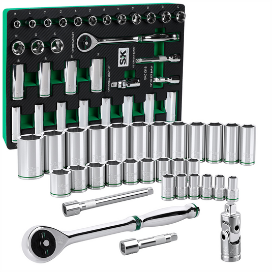 S K Hand Tools 1/2"" Drive; 31 Piece; 6 Point; Standard & Deep; Metric Chrome Socket Set with 216P Ratchet.  Packaged in EVA Foam tray