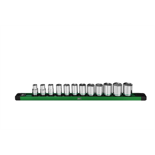 S K Hand Tools 3/8"" Drive; 12 Piece; 6 Point; Shallow; Metric Chrome Socket Set.  Packaged on a Rail