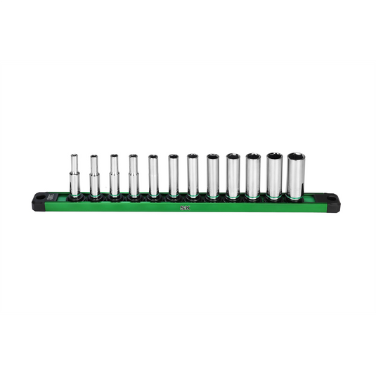 S K Hand Tools 1/4"" Drive; 12 Piece; 6 Point; Deep; Metric Chrome Socket Set.  Packaged on a Rail
