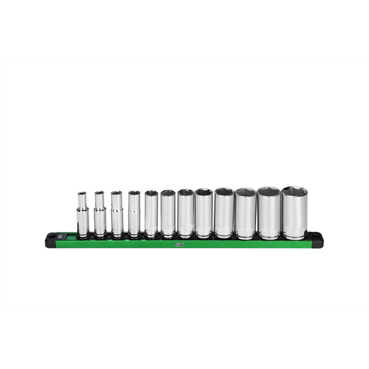 S K Hand Tools 3/8"" Drive; 12 Piece; 6 Point; Deep; SAE Chrome Socket Set.  Packaged on a Rail