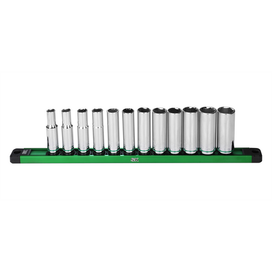 S K Hand Tools 3/8"" Drive; 12 Piece; 6 Point; Deep; Metric Chrome Socket Set.  Packaged on a Rail