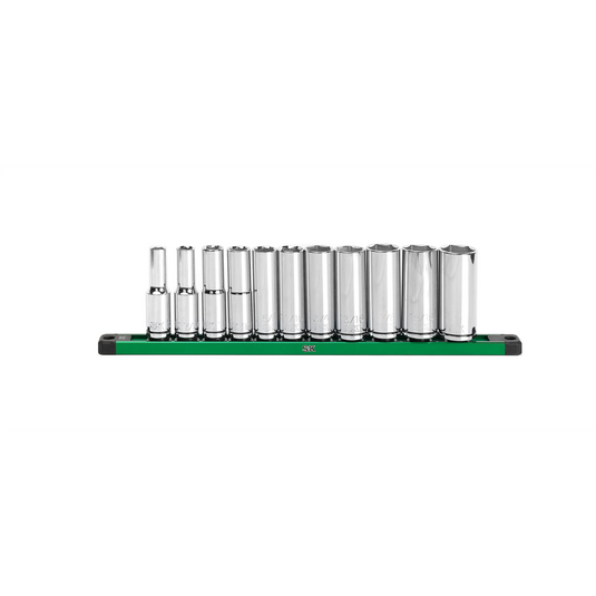 S K Hand Tools 1/2"" Drive; 11 Piece; 6 Point; Deep; SAE Chrome Socket Set.  Packaged on a Rail