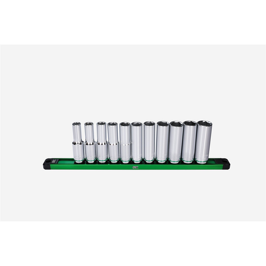 S K Hand Tools 1/2"" Drive; 11 Piece; 6 Point; Deep; Metric Chrome Socket Set.  Packaged on a Rail