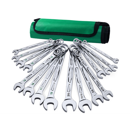 S K Hand Tools 16 Piece; 12 Point; SAE & Metric Chrome Combination Wrench Set.  Packaged in a Roll