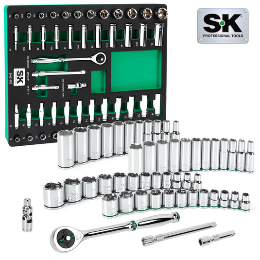S K Hand Tools 3/8"" Drive; 51 Piece; 6 Point; Shallow & Deep; DAE & Metric Chrome Socket Set with 216P Ratchet.  Packaged in EVA Foam Tray