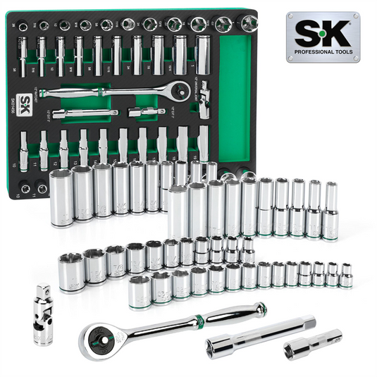 S K Hand Tools 1/2"" Drive; 49 Piece; 6 Point; Shallow & Deep; SAE & Metric Chrome Socket Set with 216P Ratchet.  Packaged in EVA Foam Tray
