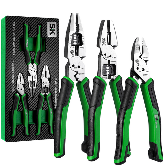 S K Hand Tools 3 Piece Dual-Material Handle Multi-Use Pliers Set.  Packaged in EVA Foam tray