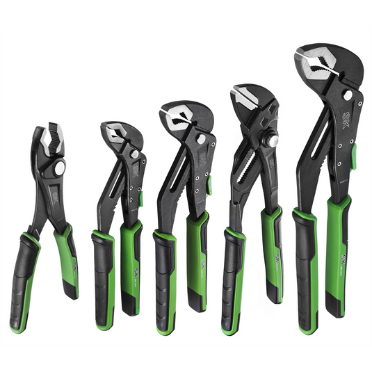 S K Hand Tools 5 Piece Dual-Material V-Jaw Multi-Purpose Pliers Set.  Packaged in EVA Foam Tray