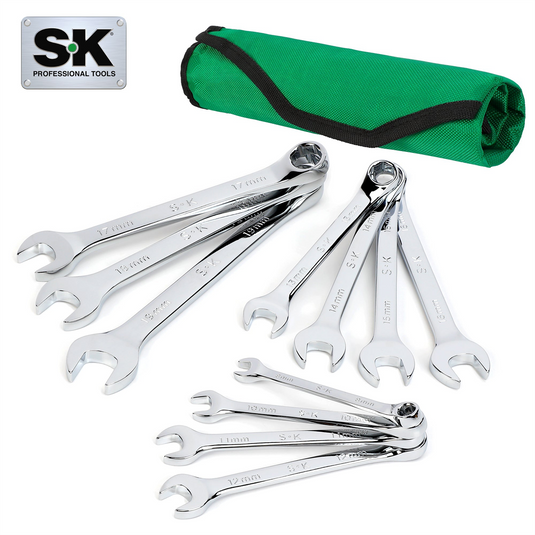 S K Hand Tools 11 Piece 6 Point Metric SuperKrome&reg; Combination Wrench Set.  Packaged in a Roll