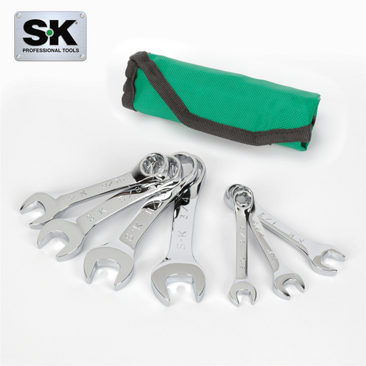 S K Hand Tools 7 Piece 12 Point SAE Short SuperKrome&reg; Combination Wrench Set.  Packaged in a Roll