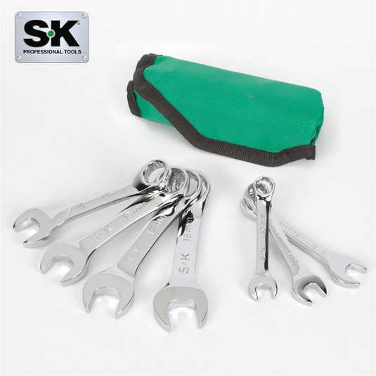 S K Hand Tools 7 Piece 12 Point Metric Short Combination Wrench Set.  Packaged in a Roll