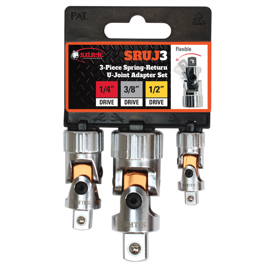 S.U.R.&R. SRUJ3 3-Piece 3/8"" female Spring-Return U Joint Adapter Set with dual springs for maintaining alignment and precise control. Excellent for Use in Tight Spaces and One-Handed Operation.