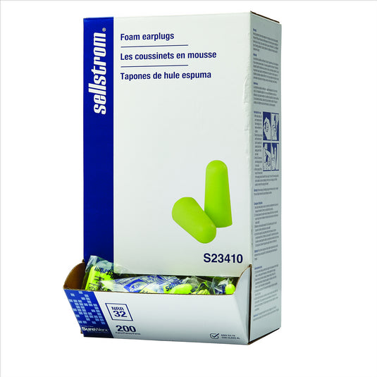 Sellstrom Sellstrom - Earplugs - Disposable - Foam Bullet Shape - Uncorded - NRR 32 - Hi-Viz Green - 200 Pair Dispenser Box