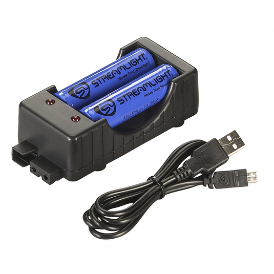 Streamlight Li-Ion Battery Pack Charger Kit with two SL-B26 USB battery packs; USB cord