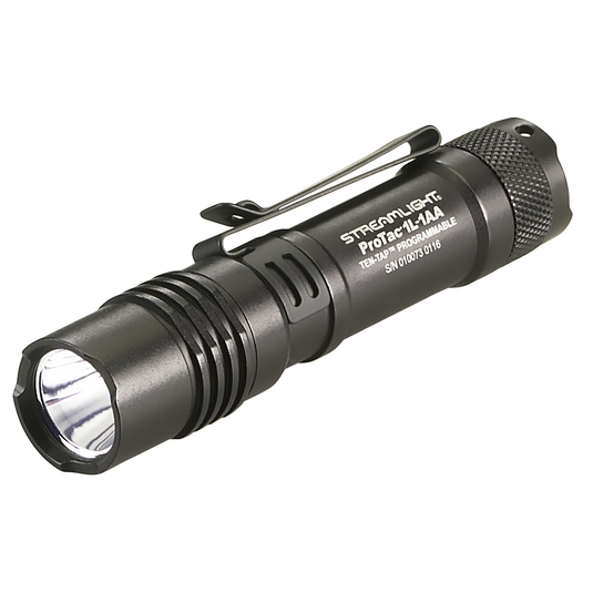Streamlight 350 Lumen ProTac 1L-1AA Flashlight - Includes (1) CR123A lithium and ""AA"" Alkaline battery and holster - Clam - Black