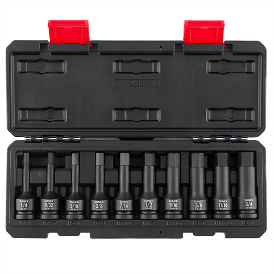 SUNEX 1/2 Inch Drive SAE 4 Inch Long Hex Impact Bit  Socket Set - 10 PIece